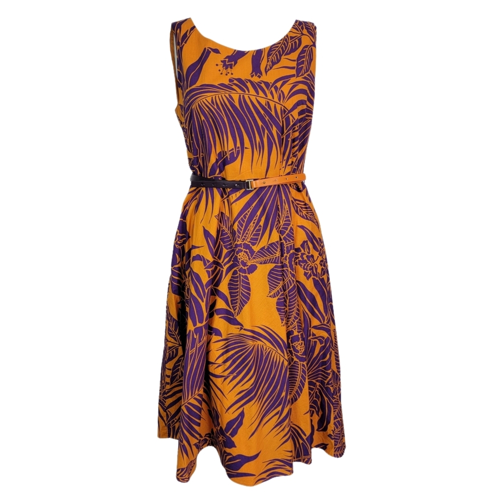 Max Mara Studio Orange Purple Print Belted Dress Size 8